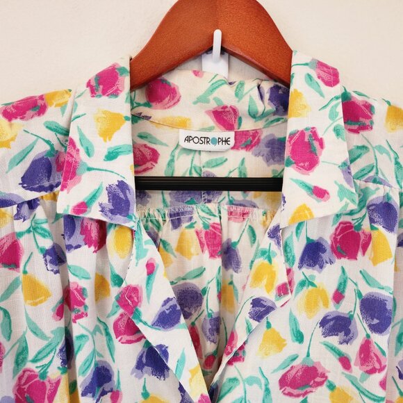 Vtg 70's Fit Flare Midi Shirt Dress Floral Colorful Collar Women M Retrolook - Picture 3 of 14